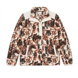 Vintage 90s Columbia Womens XS Wolf Print Fleece Pullover  XL Brown